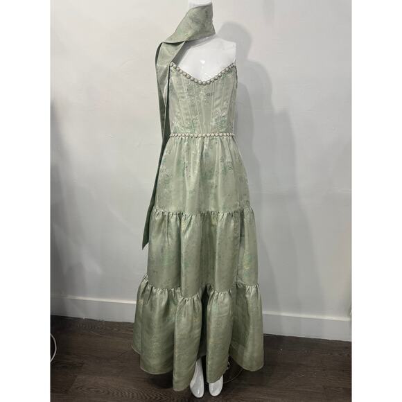 V. Chapman The Vivian Pearl Studded Slit Maxi Dress Sage Windsor Brocade Size 0 - Picture 3 of 9